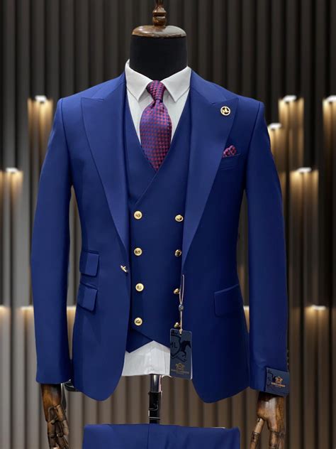 Mens One Button Peak Lapel Vested Wedding Suit With Gold Buttons In Wh