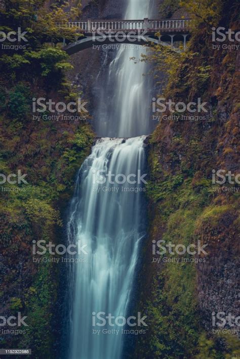 Close Up View Of Multnomah Falls And The Benson Bridge Oregon Stock