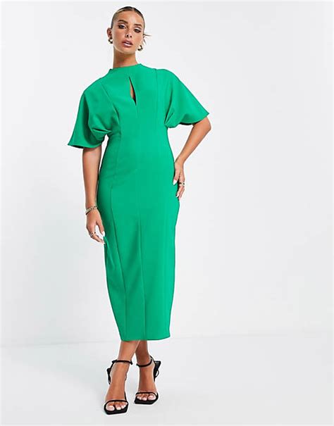 Asos Design Angel Sleeve Keyhole Front Midi Shift Dress In Pop Green Asos