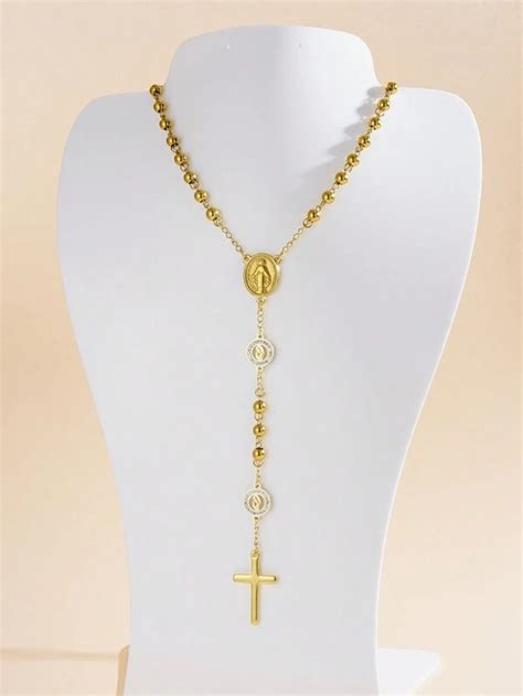 1pc 6mm Gold Maria Beads Cross Necklace European American Stylish