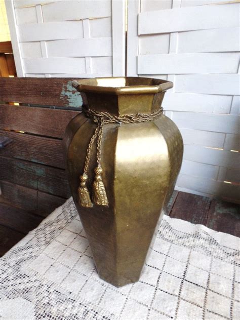 Vintage Hammered Brass Vase With Rope Design Tassels Etsy