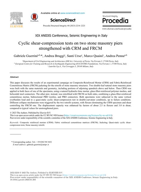 Pdf Cyclic Shear Compression Tests On Two Stone Masonry Piers