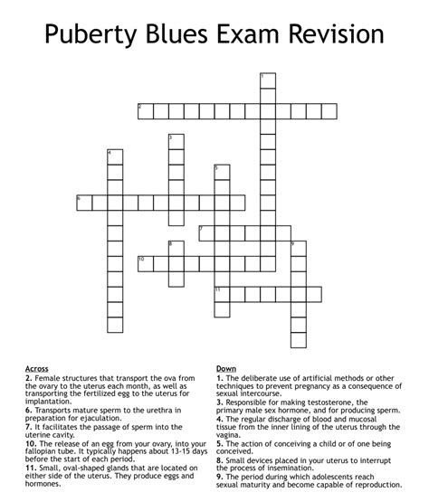 Puberty Blues Exam Revision Crossword Wordmint