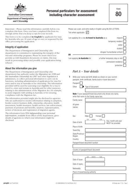 Form 80 Department Of Immigration And Citizenship