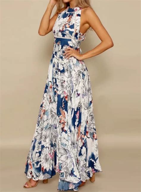 Halter Neck Sleeveless Floral Printed Maxi Dress Victoriaswing