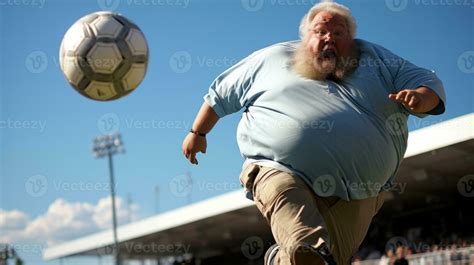 Senior Funny Fat Man Playing Football On A Soccer Field With A Ball In