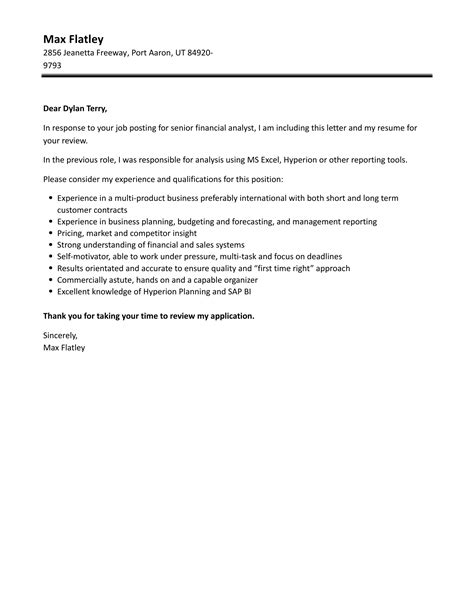 Senior Financial Analyst Cover Letter Velvet Jobs