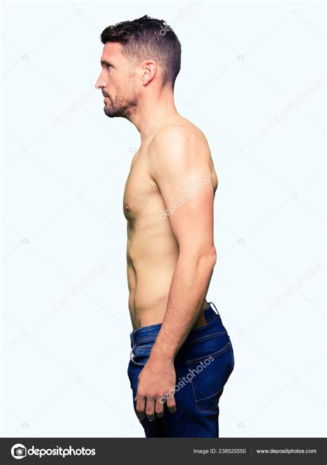 Handsome Shirtless Man Showing Nude Chest Looking Side Relax Profile Stock Photo By