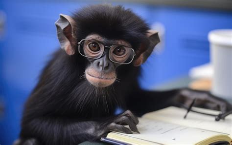 Un Mono Con Gafas Y Un Bol Grafo Est Mirando Un Cuaderno Foto Premium