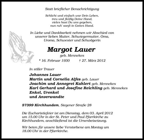 Trauer Und Todesanzeigen Von Margot Lauer Trauer De