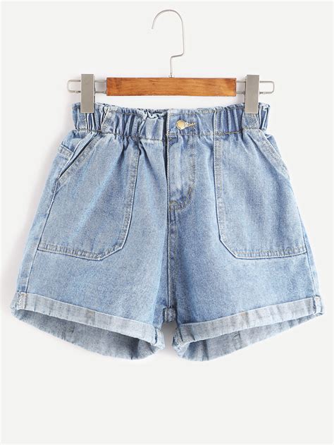 Elastic Waist Rolled Hem Denim Shorts Sheinsheinside