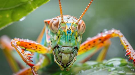 Premium Photo | A macro shot of a colorful katydid perched on a green leaf The katydid is bright ...