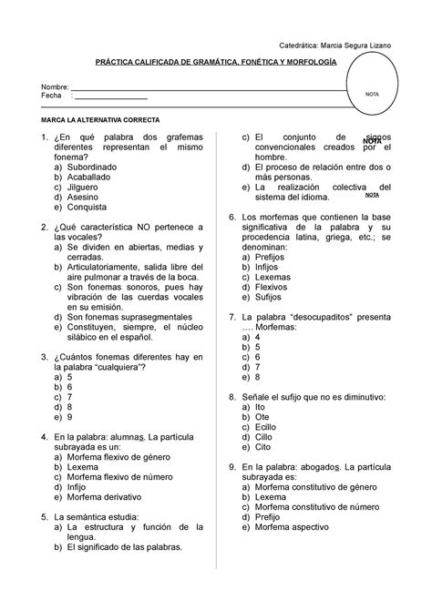 Gramática Morfología Semántica Y Fonética Catedrática Marcia