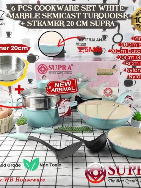 Panci Set Supra 6pc White Marble Cookware Set Semicast Anti Lengket