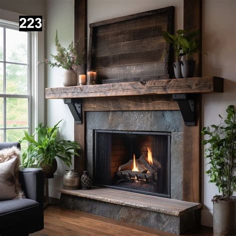 Warm Looking Reclaimed Wood Beam Fireplace Mantel With Iron Corbels 223