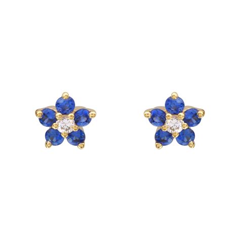 14k Yellow Gold Diamond Sapphire Flower Stud Earrings Etsy