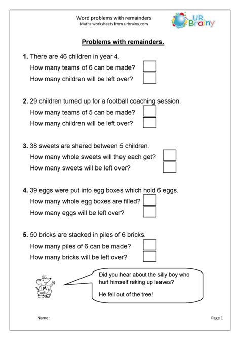 Word Problems With Remainders Division Maths Worksheets For Year 3 Age 7 8 By