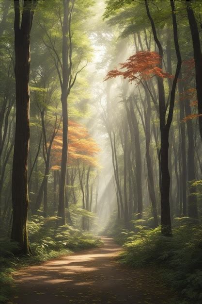 Belle Forêt Avec De Grands Arbres Et Des Rayons De Soleil Tachetés