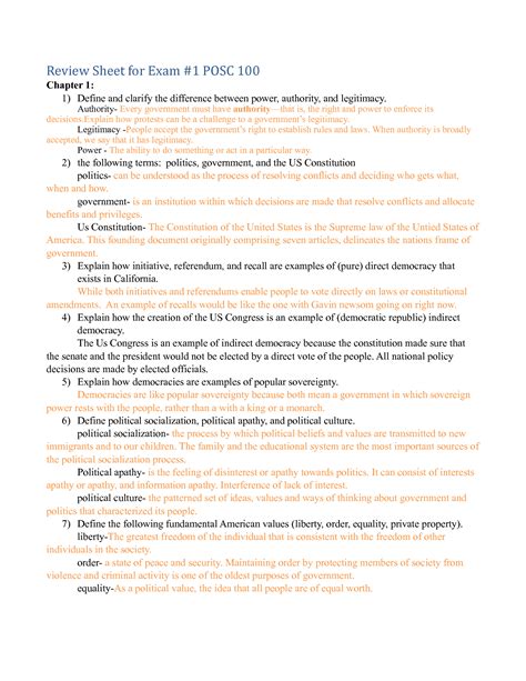 SOLUTION Review Sheet Unit 1 Exam Posc 100 Studypool