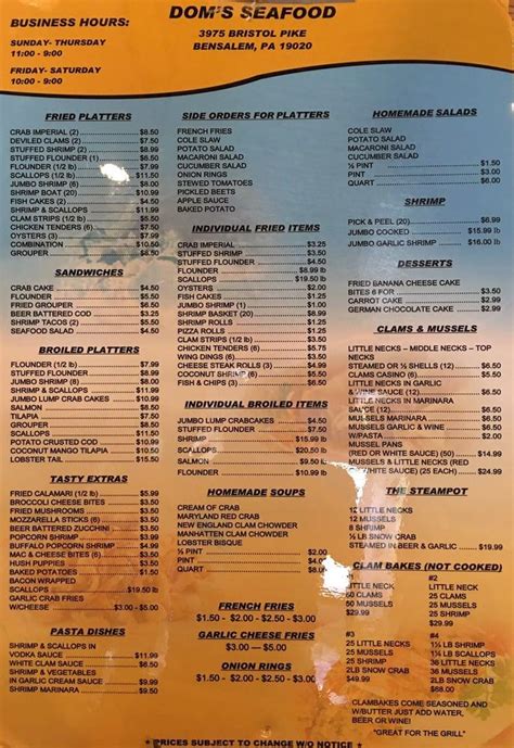 Menu At Dom S Seafood Restaurant Bensalem