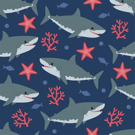 Premium Vector Seamless Pattern With Cute Grey Sharks Starfish