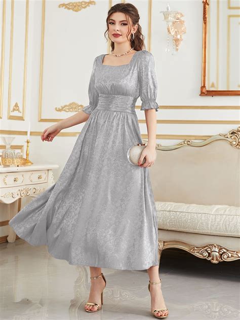 Satin Square Neck Flounce Sleeve A Line Dress A Line Dress Dress