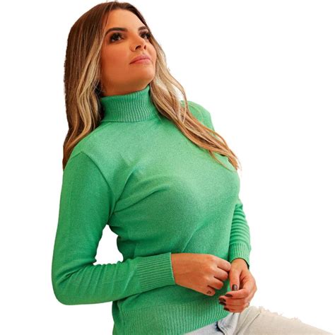 Blusa Feminina Manga Longa Gola Alta Tricot Sueter Cacharrel Basica