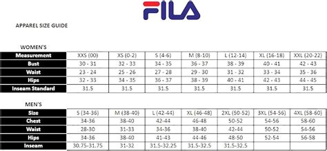 Fila Sport Size Chart Atelier Yuwaciaojp