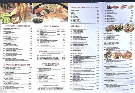 Menu at Little Tokyo restaurant, Natchez, 25 Sergeant Prentiss Dr