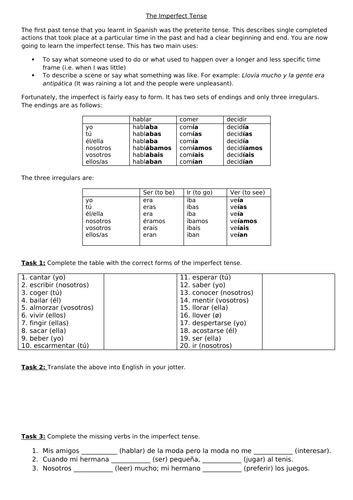 Imperfect Tense Worksheet | Teaching Resources