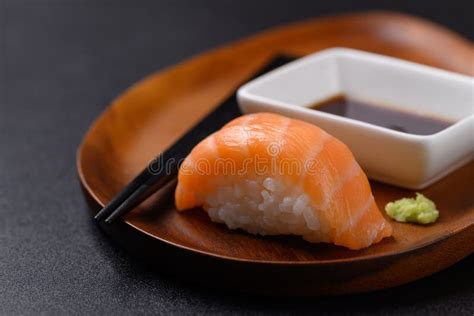 Nigiri Sushi Salmon On Wooden Plate Japanese Food Stock Photo Image