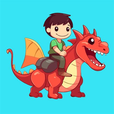 Un niño de dibujos animados montando un dragón con un gran dragón rojo