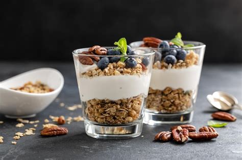 Premium Photo Blueberry Parfait With Ricotta Cheese Granola And Pecan Nuts