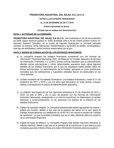 Notas A LOS Estados Financieros Contabilidad IV PROMOTORA INDUSTRIAL