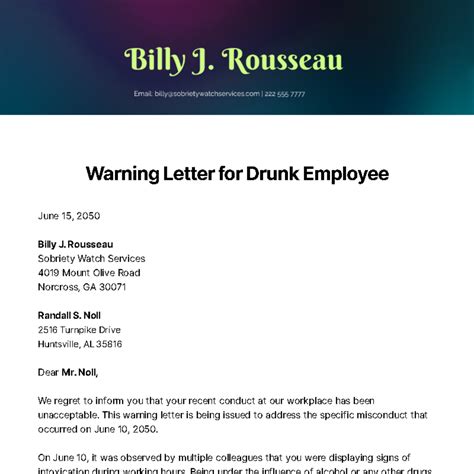 Free Warning Letter For Drunk Employee Template Edit Online And Download