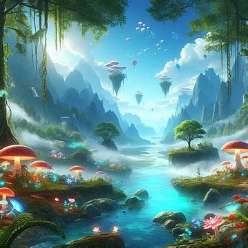 A Whimsical Scene Of Towering Mushrooms And Lush Trees In Fantastical