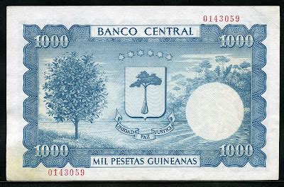 Equatorial Guinea banknotes 1000 Pesetas Guineanas banknote of 1969 ...