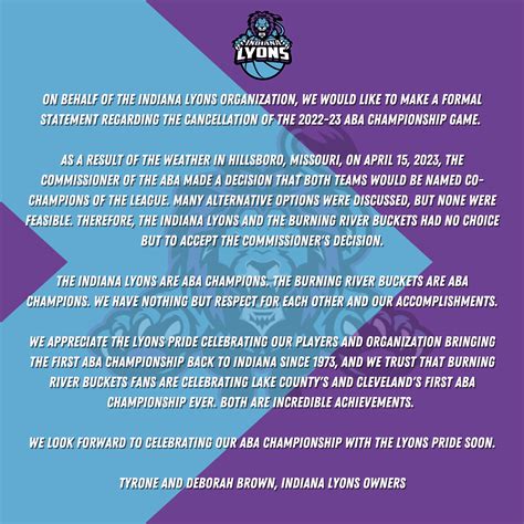 Official Statement By Indiana Lyons Ownership Indiana Lyons