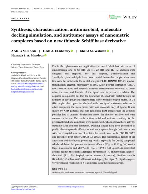 Synthesis Characterization Antimicrobial Molecular Docking Simulation And Antitumor Assays