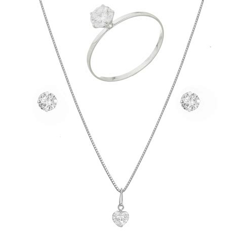 Colar De Prata Cm Conjunto Feminino Anel Zirc Nia Brinco Pingente