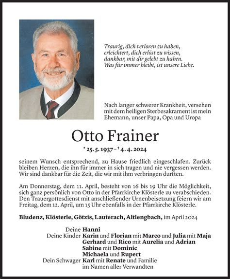 Todesanzeigen Von Otto Frainer Todesanzeigen Vorarlberger Nachrichten