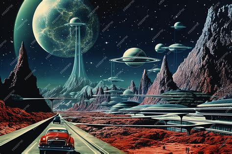 Premium Photo | Retro futurism city with mountain and outer space planet