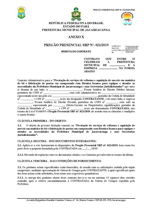 Minuta De Contrato Assinado Prefeitura Municipal De Jacareacanga