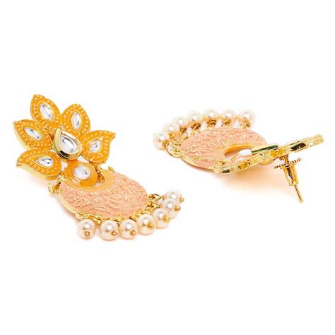 Buy ZeroKaata Gold Toned Peach Kundan Studded Meenakari Brass Dangle