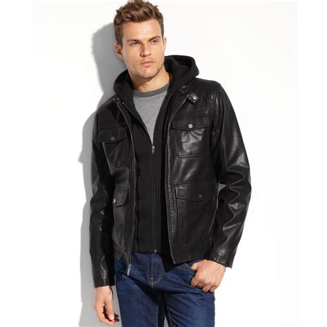 Guess Coats Faux Leather Fourpocket Hooded Jacket in Black for Men | Lyst