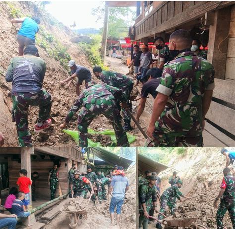 Koramil 05 Sanggalangi Gorong Royong Bersihkan Tanah Longsor Berita