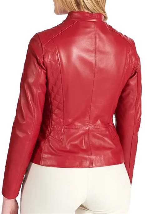 Womens Red Quilted Faux Leather Biker Jacket