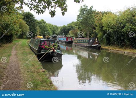 Canal Narrowboats Moored Alongside English Canal Editorial Stock Photo