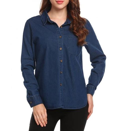 Women Long Sleeves Chambray Button Down Pocket Blue Denim Jean T Shirt