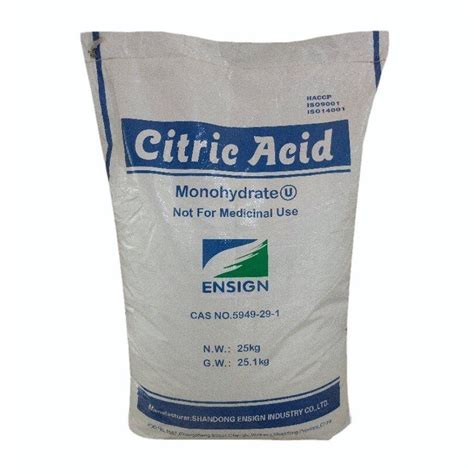 Ensign Citric Acid Monohydrate For Food Industry Packaging Size 25